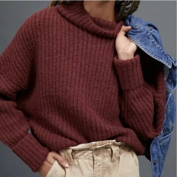 Anthropologie Maeve Ribbed Turtleneck Sweater Sz S Alpaca Wool Burgundy - Picture 1 of 5